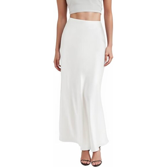 Women's White Silky Satin Fabric Stretch High Waist Casual Pull On Maxi Skirt